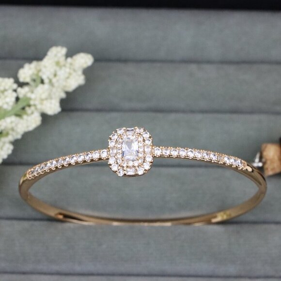 Rose Gold Bangle with Halo Cushion Cut Center and Stone Band, XPBL0558 - Picture 10 of 12